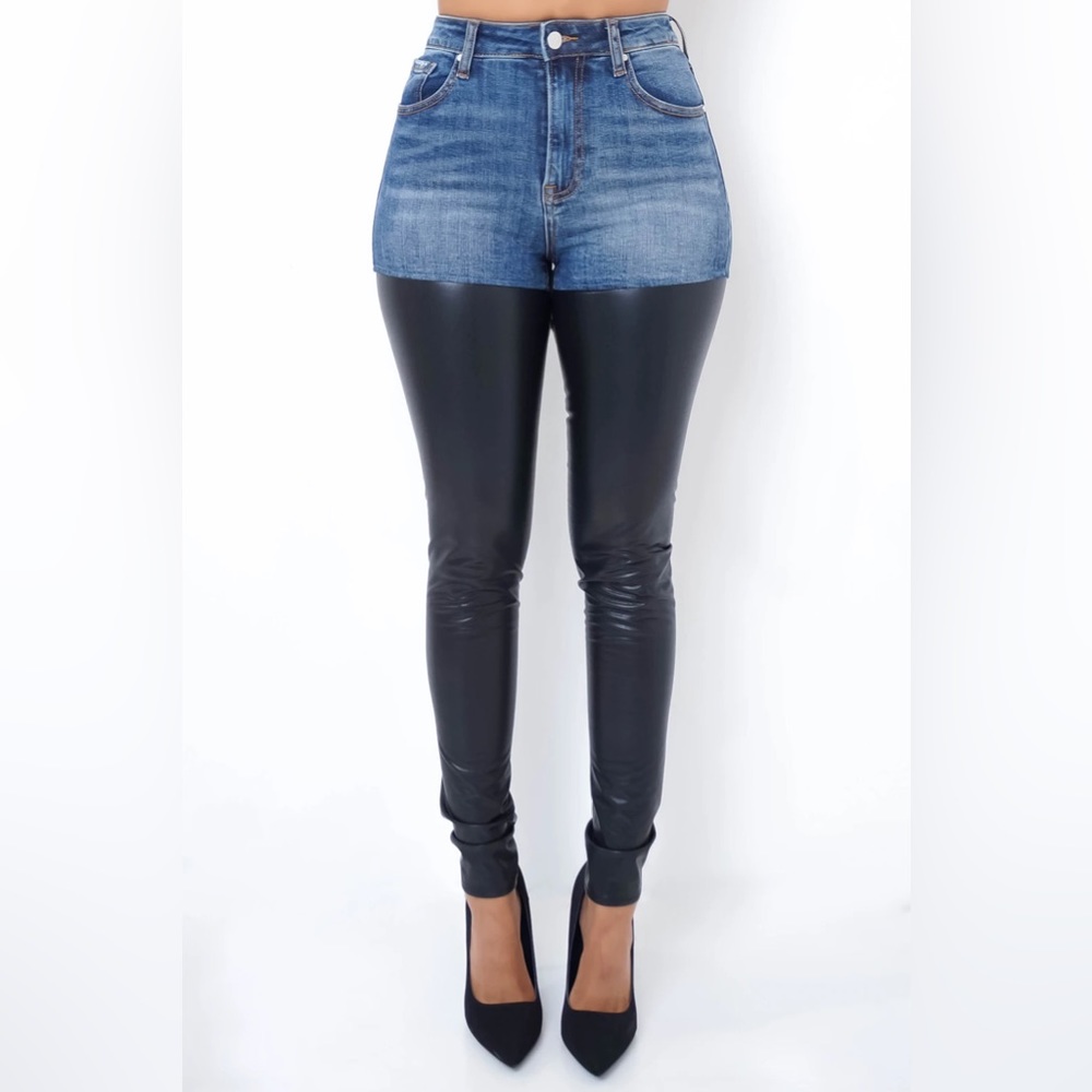 Sexy Denim vegan leather high waisted jeans combo
